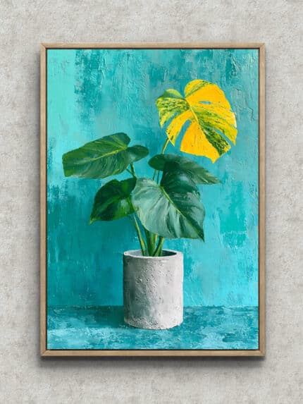 青い背景に大きな葉の鉢植えを描いたモダン ブルー ボタニカルアートパネル フレーム設置イメージ