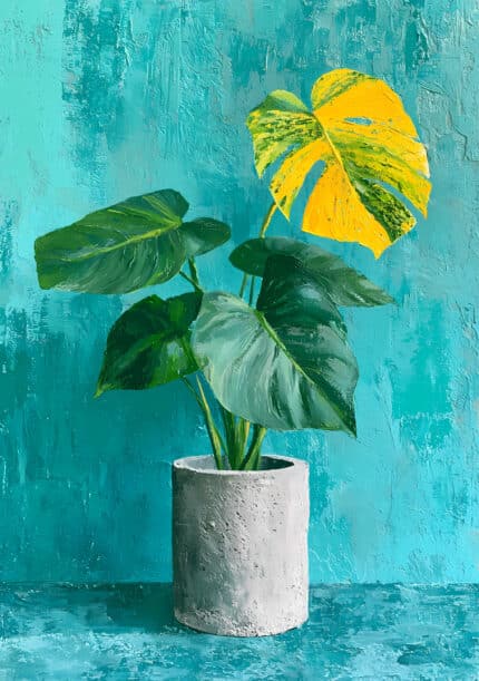 青い背景に大きな葉の鉢植えを描いたモダン ブルー ボタニカルアートパネル