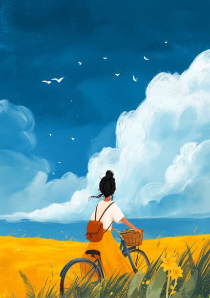 大きな雲と青空の下を自転車で進む少女を描いた風景アートパネル
