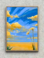 青空と金色の雲、草花が描かれた空 リビング フラワーアートパネル フレーム設置イメージ