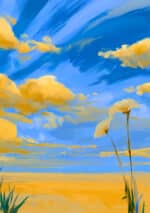 青空と金色の雲、草花が描かれた空 リビング フラワーアートパネル