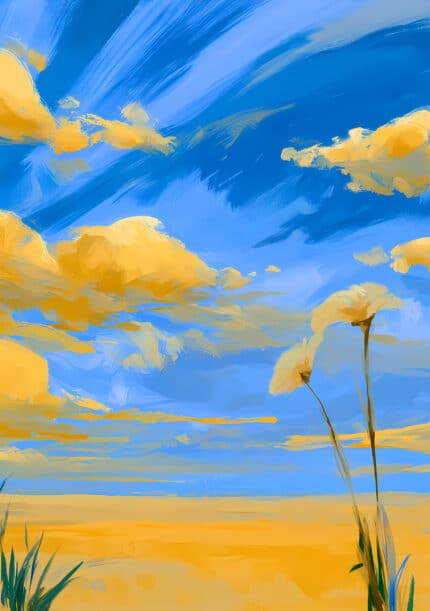 青空と金色の雲、草花が描かれた空 リビング フラワーアートパネル
