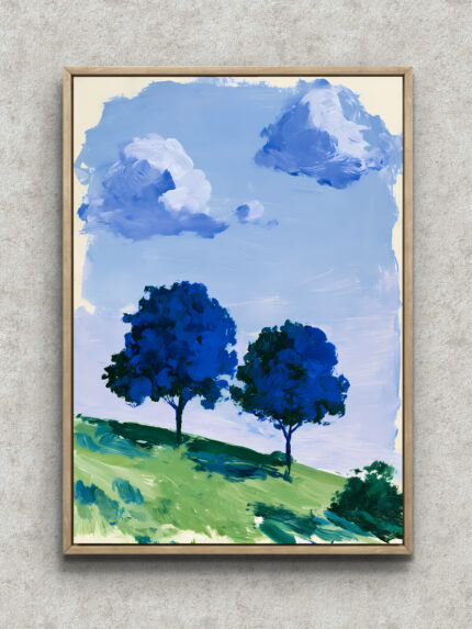 青い空と雲、丘の木々を描いたブルー 風景アートパネル フレーム設置イメージ