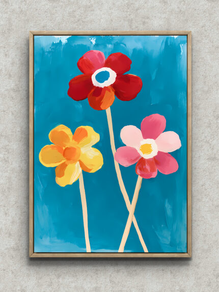 ターコイズブルーの背景に三輪の花を描いた手描き風フラワーアートパネル フレーム設置イメージ