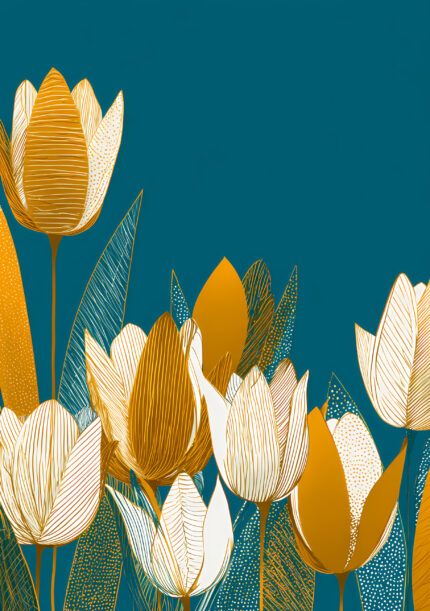 ターコイズブルーの背景にチューリップ風の花を描いたブルー チューリップ フラワーアートパネル