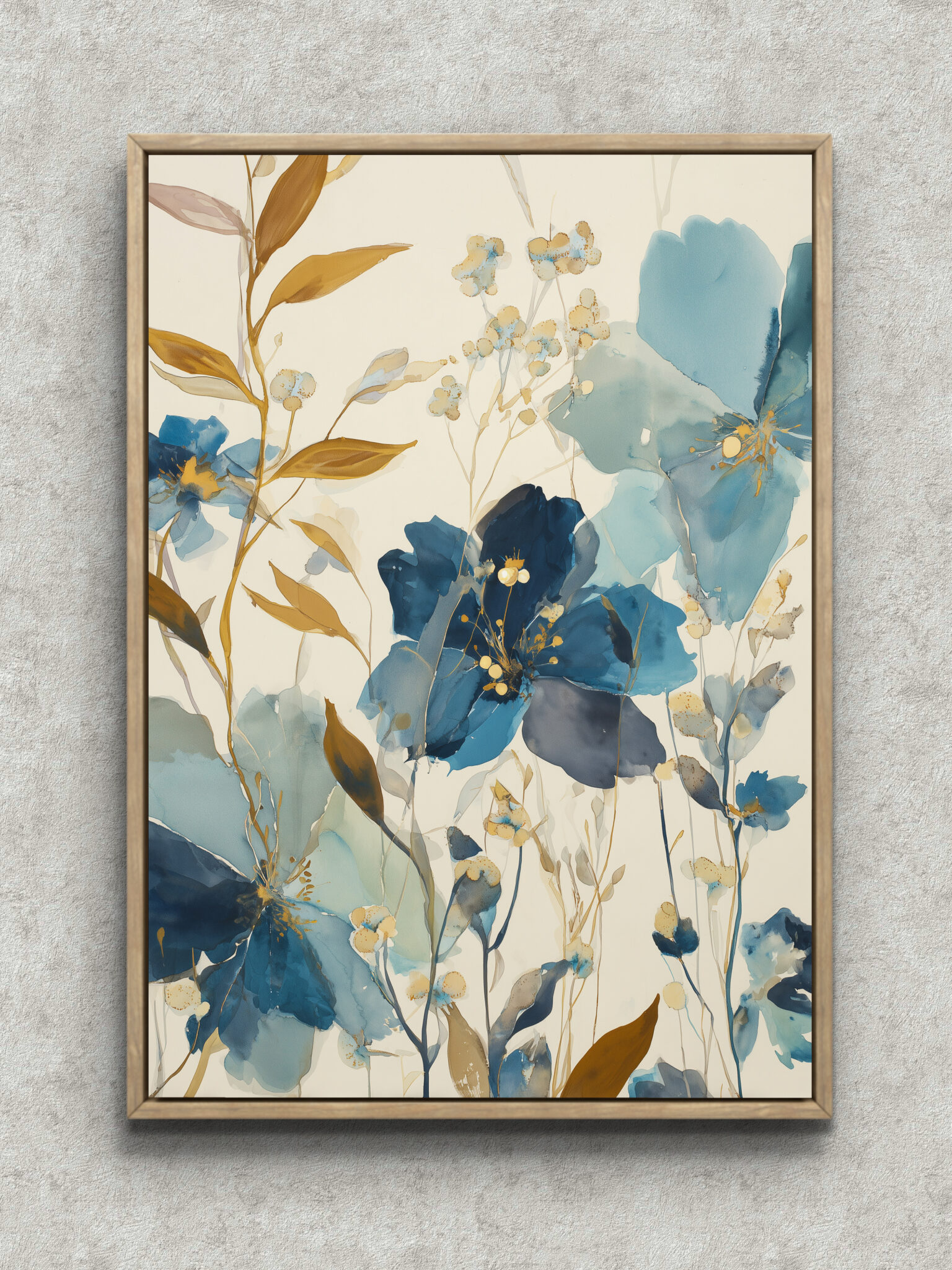 blue-watercolor-flower-art-main-1-ma-10269.jpg 藍と水色の花が縦に伸びるフラワーアート フレーム設置イメージ