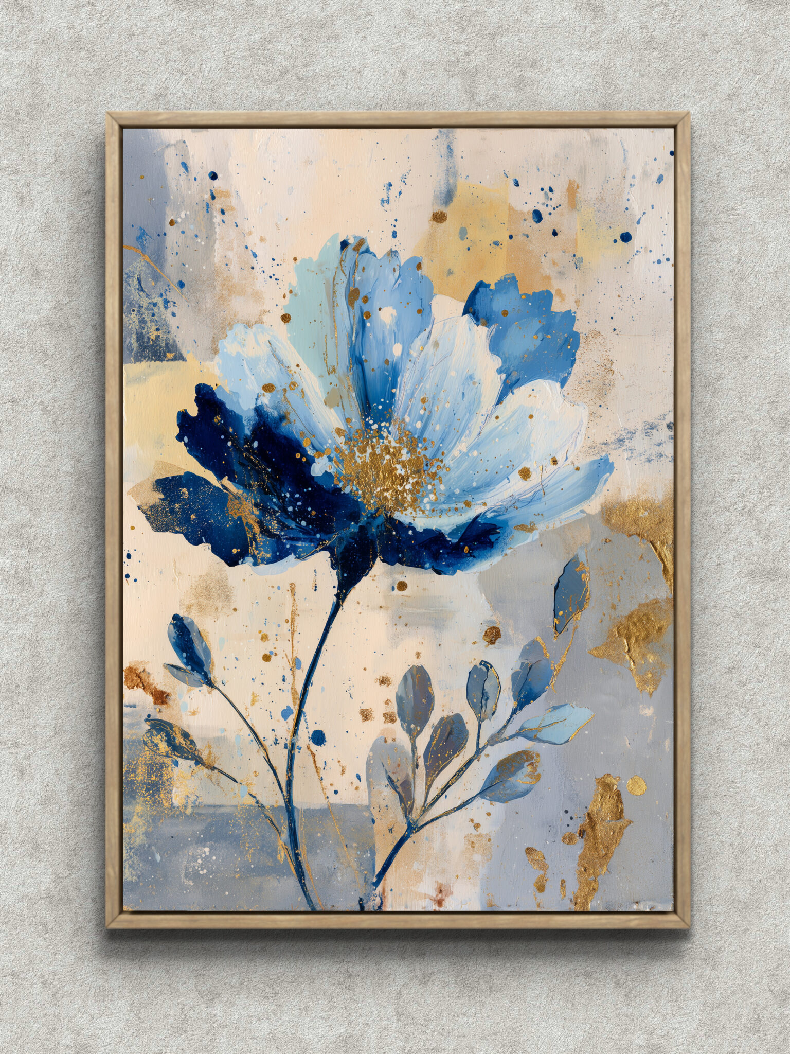 blue-white-floral-art-main-1-ma-10252.jpg 青と白の大きな花にゴールド調の粒が散る縦構図のフラワーアート フレーム設置イメージ