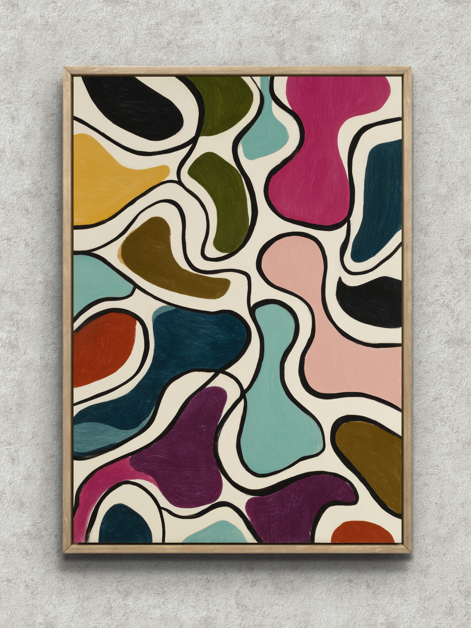 bold-organic-colorblock-abstract-art-main-1-ma-10282.jpg 太い黒線で不定形の色面を描いた縦向きの抽象アート フレーム設置イメージ