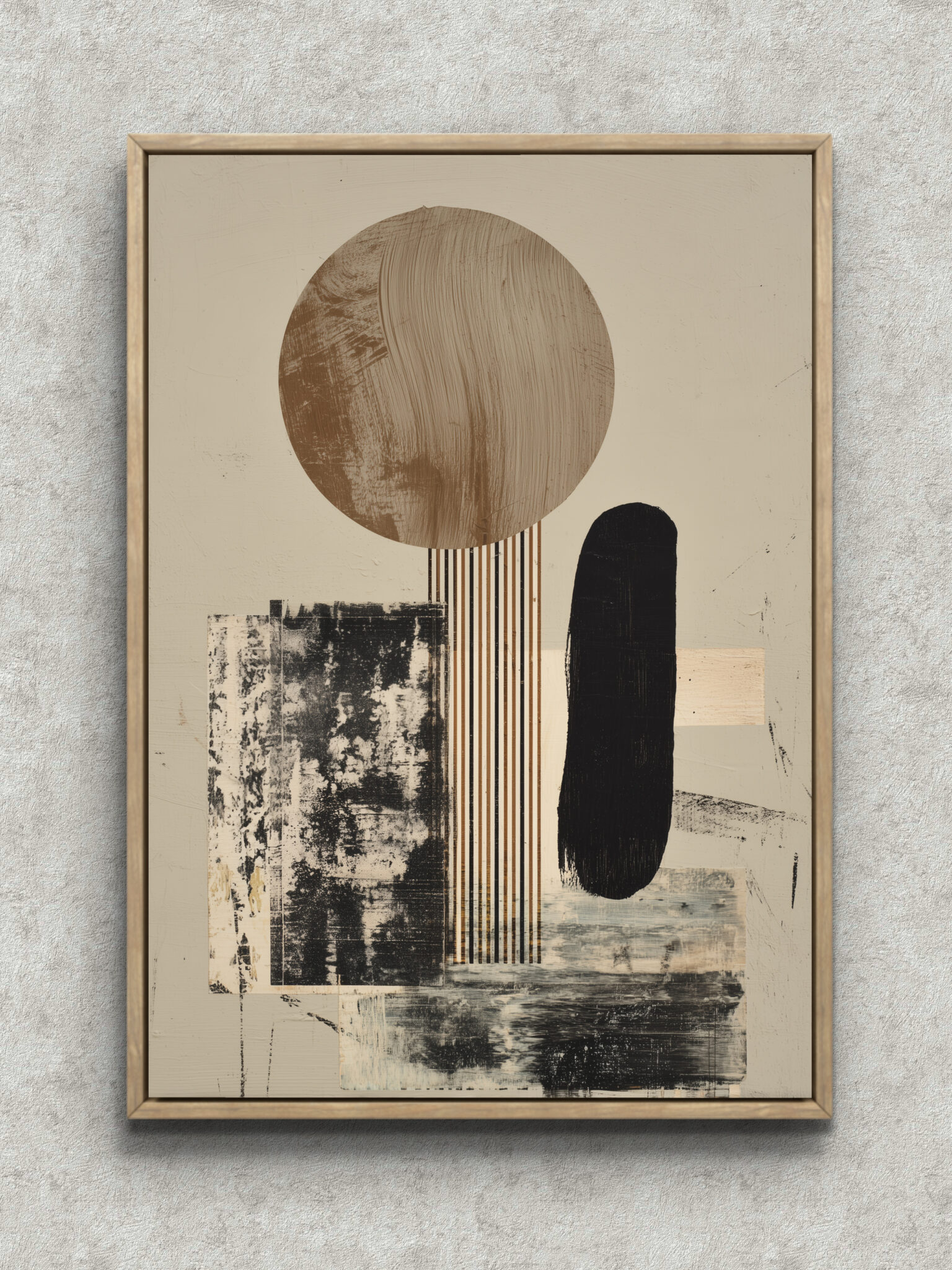 circle-stripe-minimal-abstract-art-main-1-ma-10216.jpg 大きな円形と縦線、かすれた矩形を重ねたベージュ基調の抽象アート フレーム設置イメージ