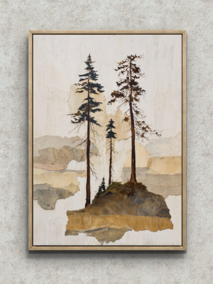 紙の層で描いた岩山と針葉樹の風景アート フレーム設置イメージ