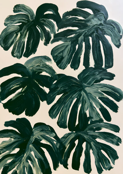 深緑の大きな葉を重ねて描いた植物 インテリアアート