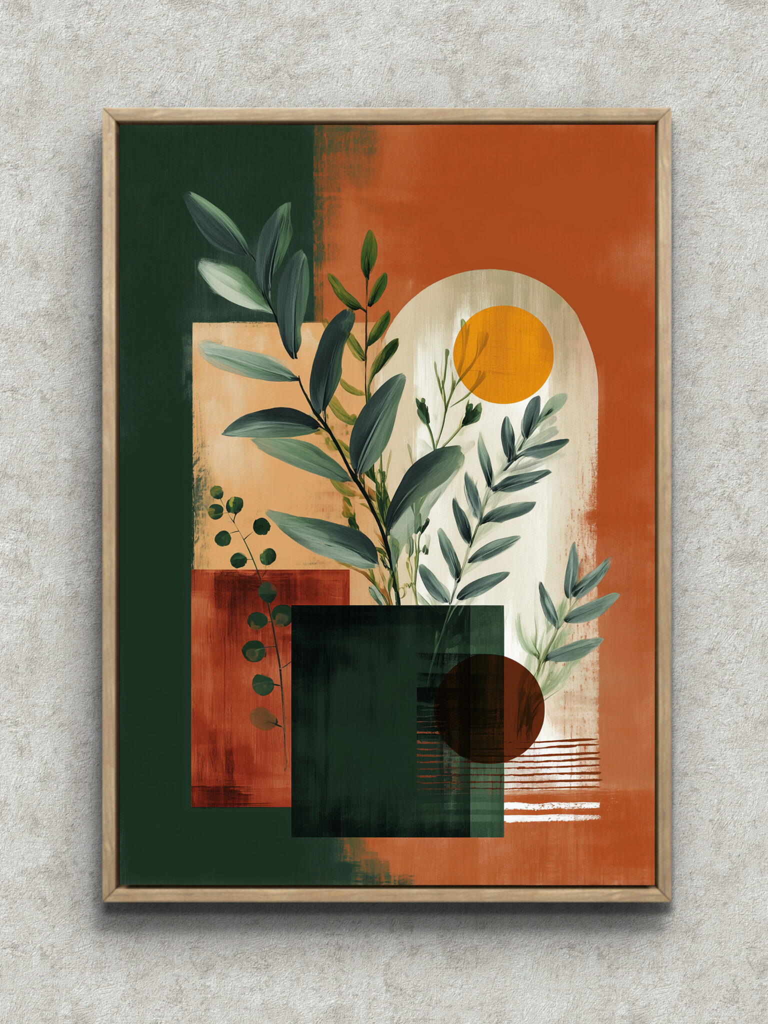 deep-green-terracotta-botanical-abstract-art-main-1-ma-10272.jpg 深緑とテラコッタに葉枝を重ねたボタニカル調の抽象アート フレーム設置イメージ