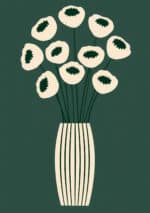 深緑の背景にアイボリーの花器と抽象花を描いたグリーン フラワーアートパネル