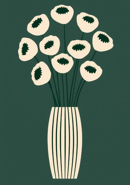 深緑の背景にアイボリーの花器と抽象花を描いたグリーン フラワーアートパネル