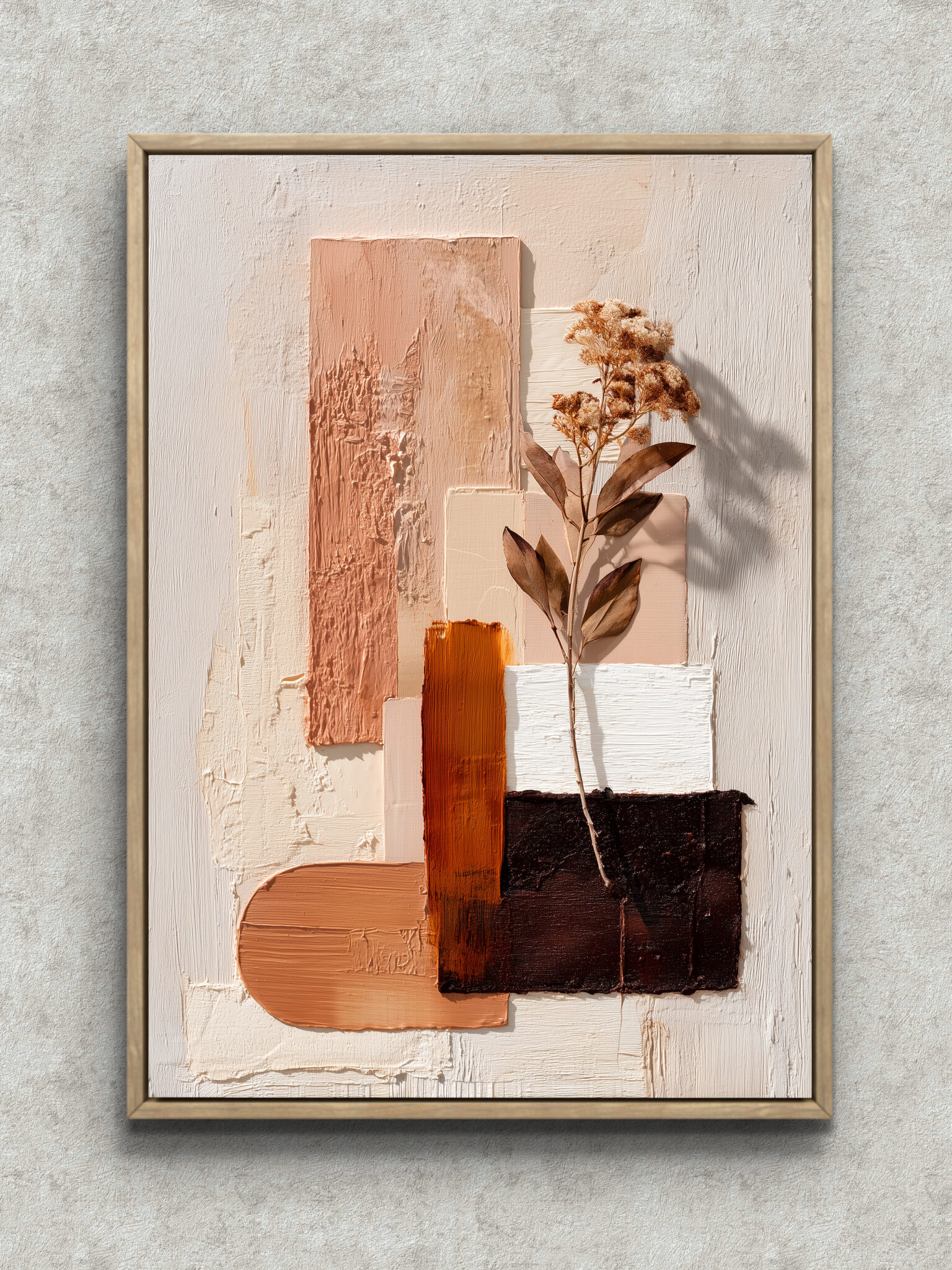 earthy-botanical-abstract-art-main-1-ma-10275.jpg 生成り地に土色のレイヤーと植物の枝葉を重ねた抽象アート フレーム設置イメージ
