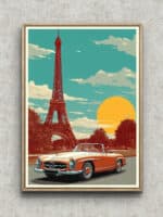 エッフェル塔と赤いクラシックカーを描いた夕景のヴィンテージアートパネル フレーム設置イメージ