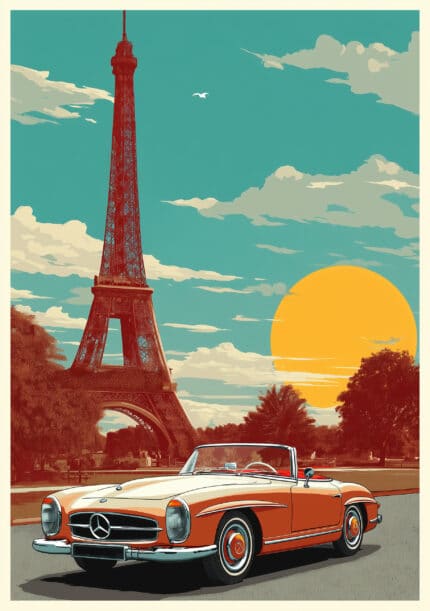 エッフェル塔と赤いクラシックカーを描いた夕景のヴィンテージアートパネル
