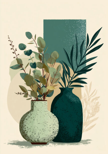 ユーカリの枝葉と青緑の花器を描いた縦構図のボタニカルアート