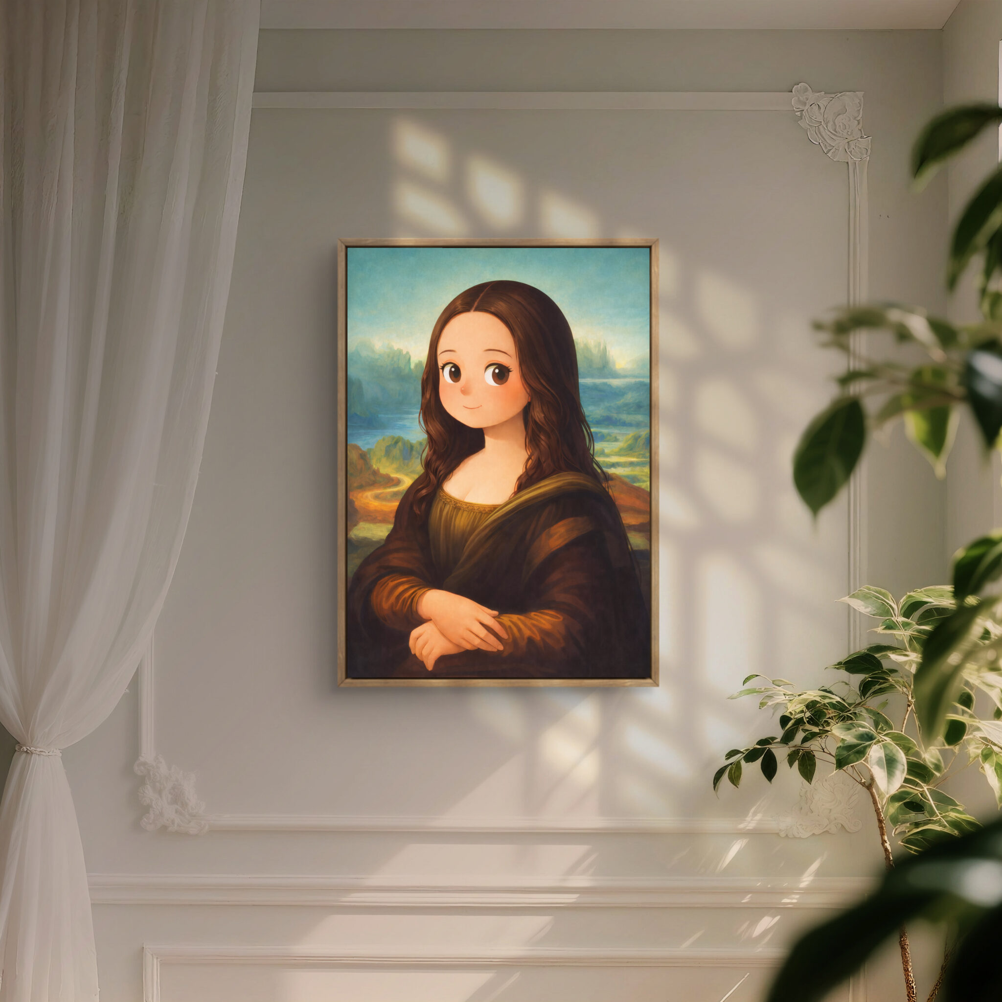 風景アート｜青緑の山並みと微笑む女性を描いた作品