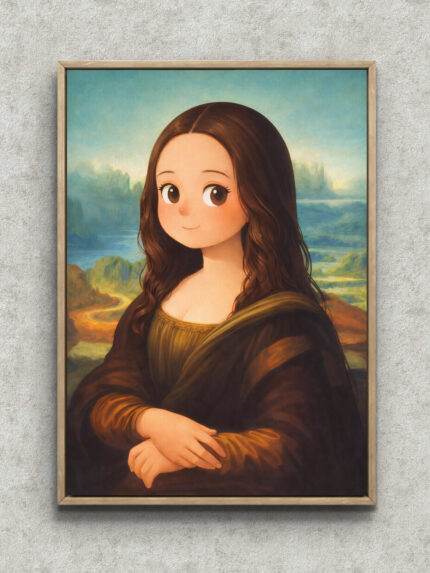やわらかな微笑みの女性と青緑の山並みを描いた肖像アート フレーム設置イメージ