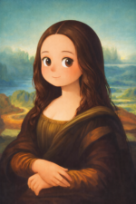 やわらかな微笑みの女性と青緑の山並みを描いた肖像アート