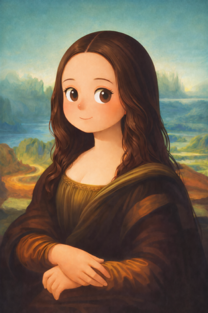 やわらかな微笑みの女性と青緑の山並みを描いた肖像アート