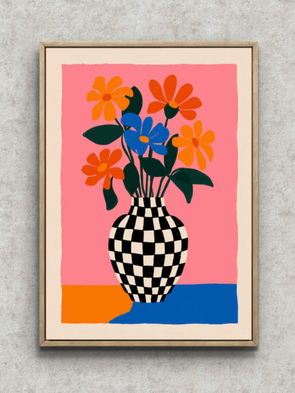 チェック柄の花瓶とオレンジと青の花を描いたフラワーアート フレーム設置イメージ