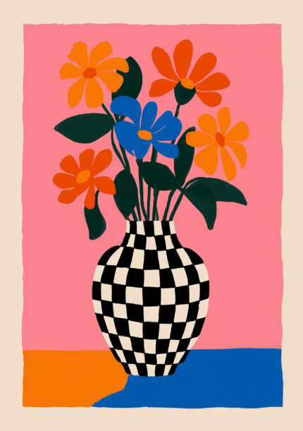 チェック柄の花瓶とオレンジと青の花を描いたフラワーアート