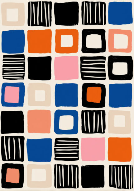 手描きの四角形と縞模様を格子状に並べた抽象アート