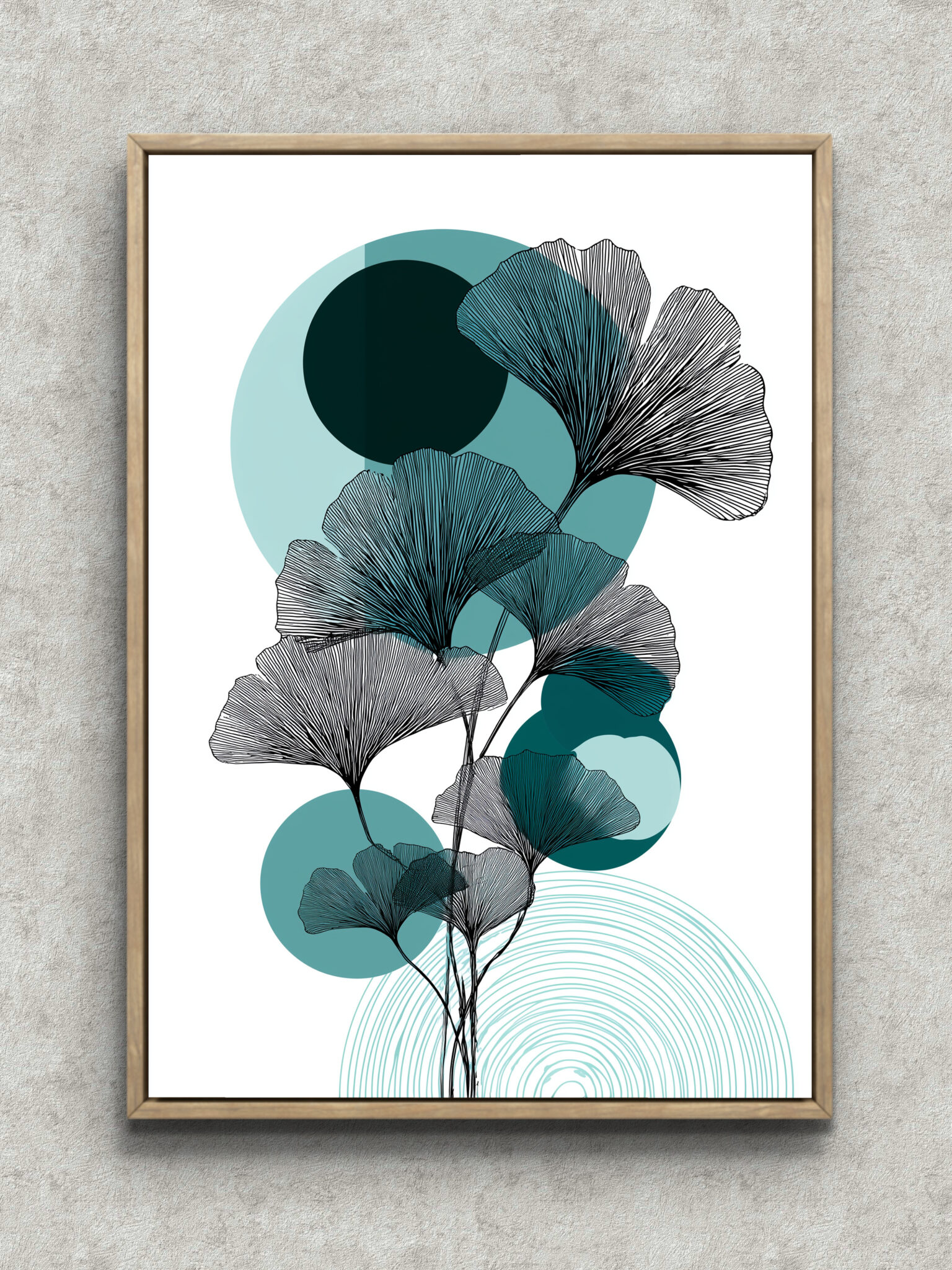 ginkgo-circle-green-geometric-art-main-1-ma-10247.jpg イチョウの線画と円形レイヤーを重ねたグリーンのモダンアートパネル フレーム設置イメージ