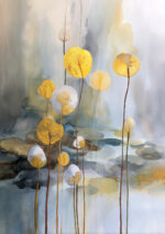 にじむ白背景に金色の丸い花形モチーフが浮かぶ抽象アート