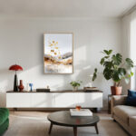 リビングに飾った白と金のやわらかな抽象アート 設置イメージ 3