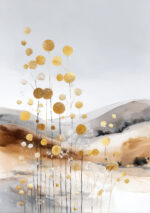 白い余白に金色の点描と丸い花房が伸びる抽象アート