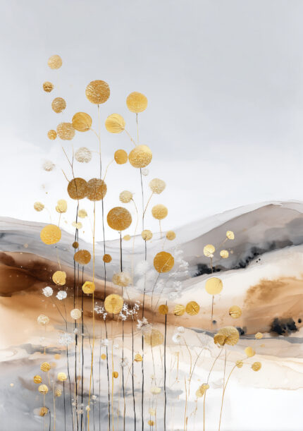 白い余白に金色の点描と丸い花房が伸びる抽象アート