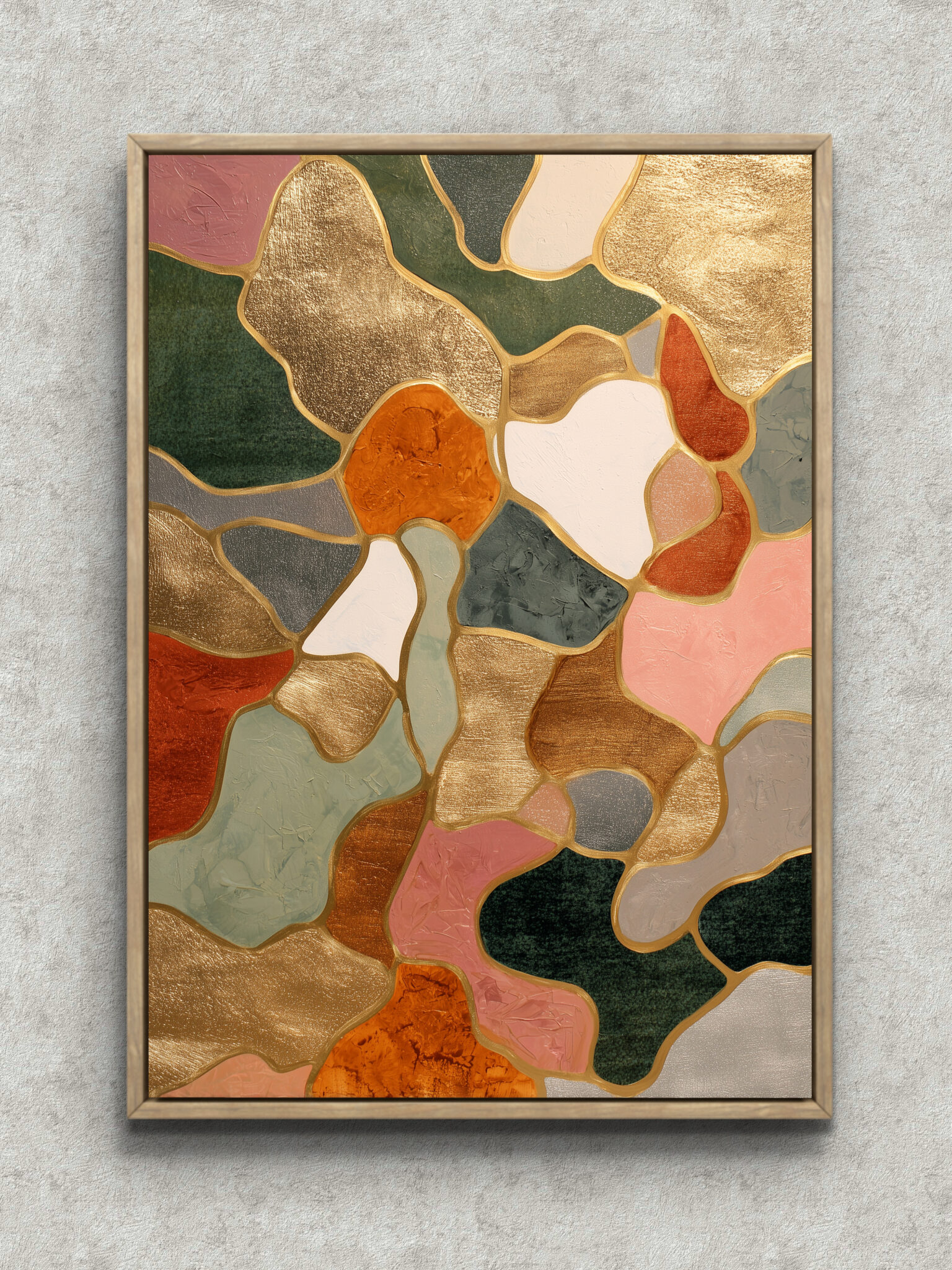 gold-mosaic-abstract-art-main-1-ma-10277.jpg 金の輪郭線で色面が重なる温かな抽象アート フレーム設置イメージ