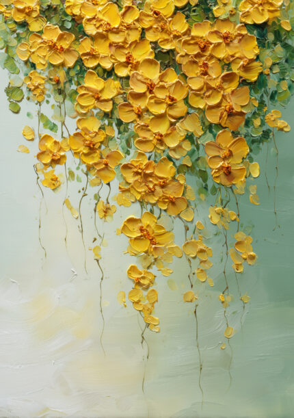 金色の花々が垂れ下がる縦長のフラワーアート