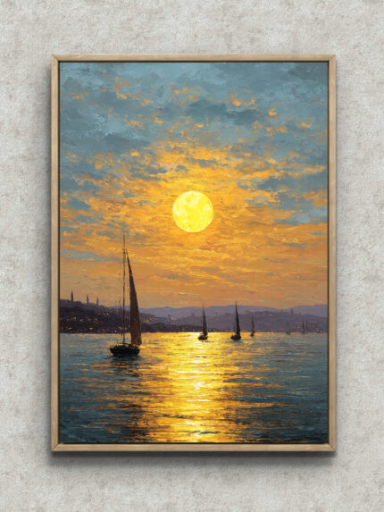 大きな夕陽と帆船を描いた幻想的な海の風景アート フレーム設置イメージ