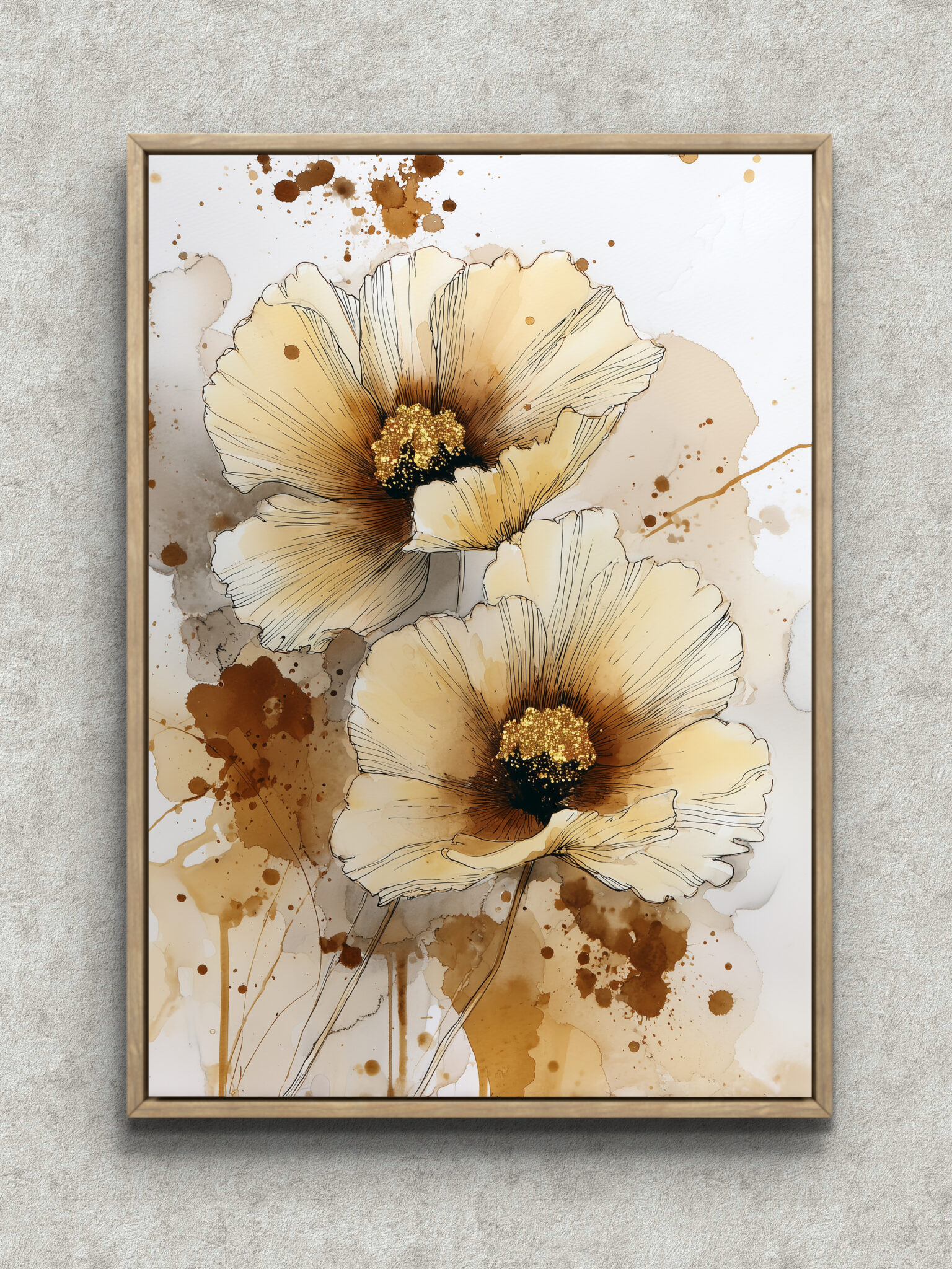 golden-watercolor-flower-art-main-1-ma-10287.jpg アイボリーと金色で描かれた大輪の花のフラワーアート フレーム設置イメージ