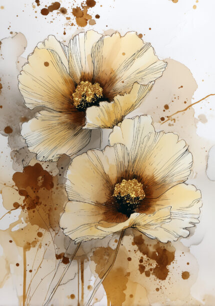 アイボリーと金色で描かれた大輪の花のフラワーアート