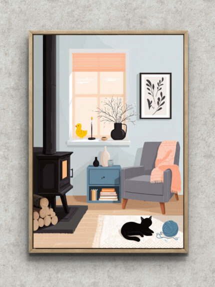 薪ストーブのある部屋に花瓶と黒猫を描いたグレー フラワーアートパネル フレーム設置イメージ