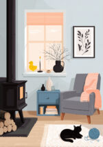 薪ストーブのある部屋に花瓶と黒猫を描いたグレー フラワーアートパネル