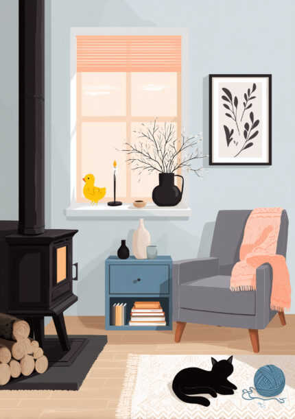 薪ストーブのある部屋に花瓶と黒猫を描いたグレー フラワーアートパネル