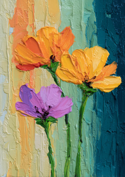 厚塗りの花3輪を描いた明るい縦長のフラワーアート