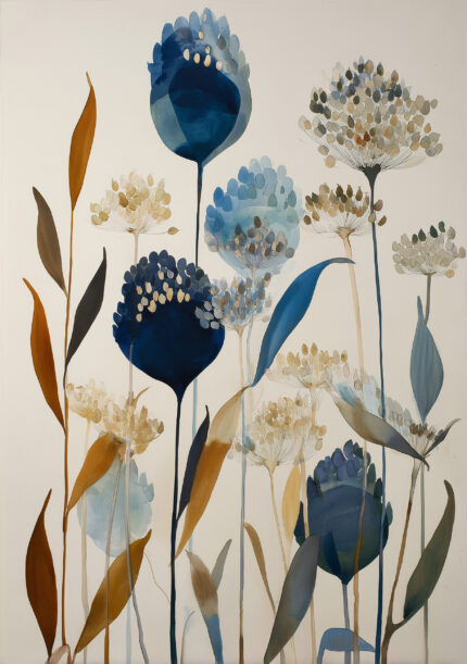 藍色とベージュの抽象花が縦に伸びるフラワーアート