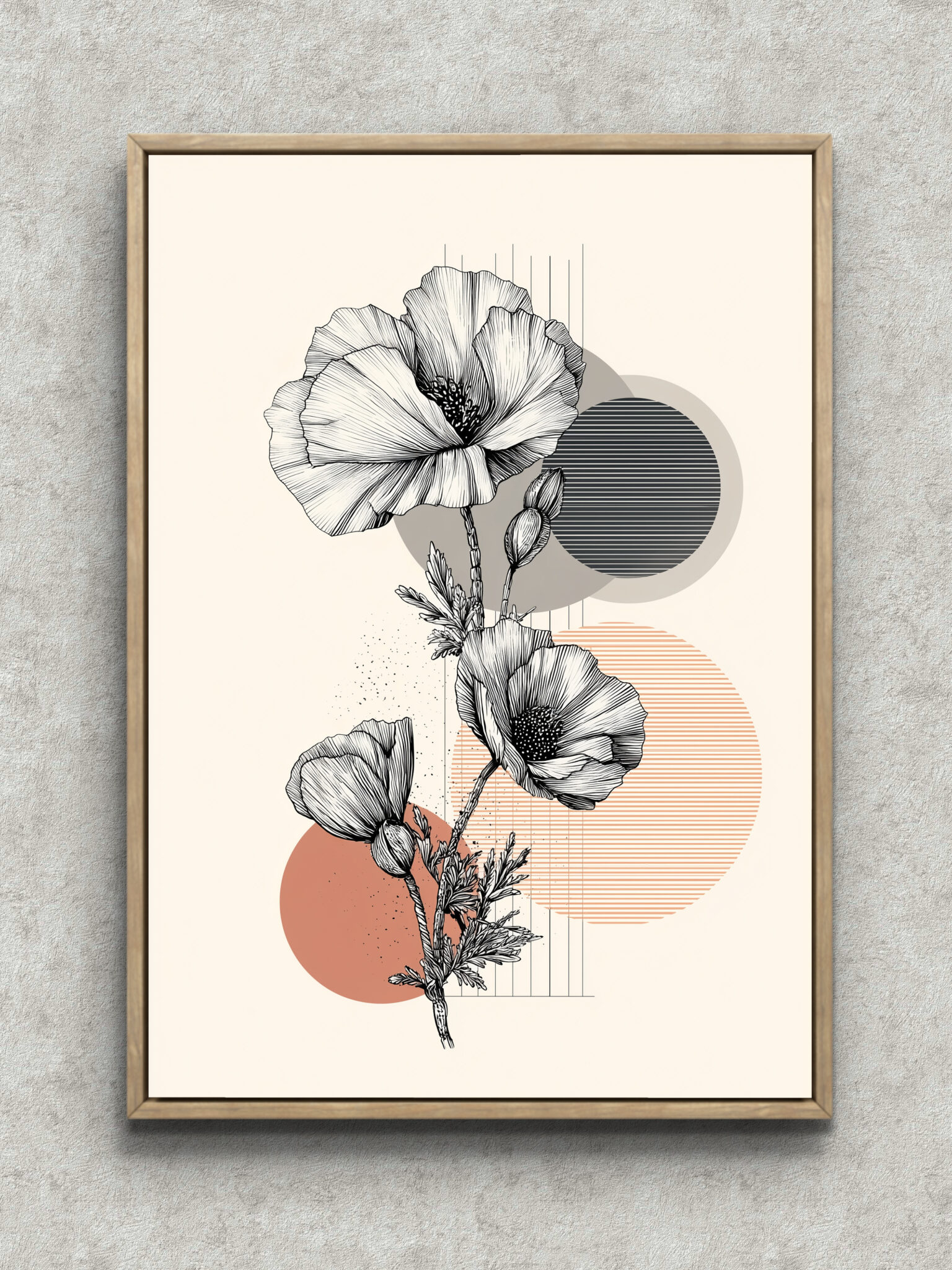leaf-living-geometric-art-main-1-ma-10229.jpg 花の線画と円形モチーフを重ねた静かなボタニカルアート フレーム設置イメージ