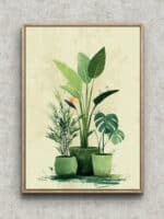 鉢植えの観葉植物を描いたリビング ナチュラル アートパネル フレーム設置イメージ