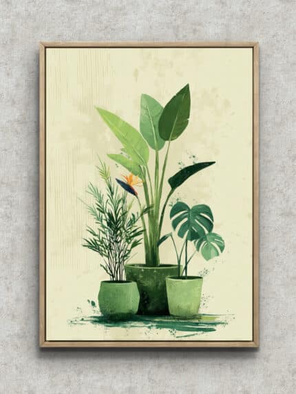 鉢植えの観葉植物を描いたリビング ナチュラル アートパネル フレーム設置イメージ