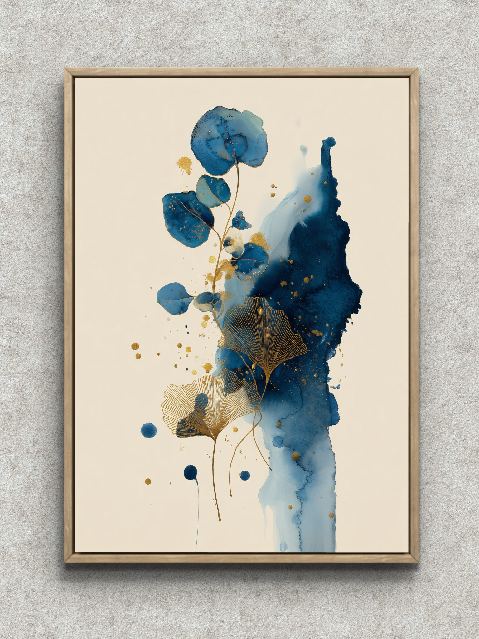 minimal-blue-botanical-abstract-art-main-1-ma-10300.jpg 藍と水色のにじみに葉のシルエットを重ねたミニマル ブルー 抽象アートパネル フレーム設置イメージ