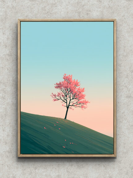 淡い水色の空と斜面に立つ一本の桜を描いた縦長の風景アートパネル フレーム設置イメージ