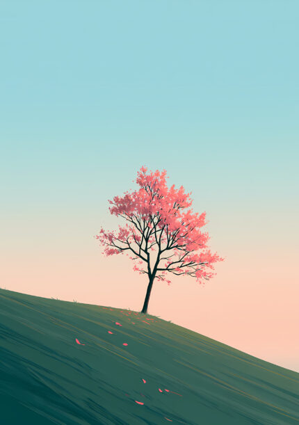 淡い水色の空と斜面に立つ一本の桜を描いた縦長の風景アートパネル